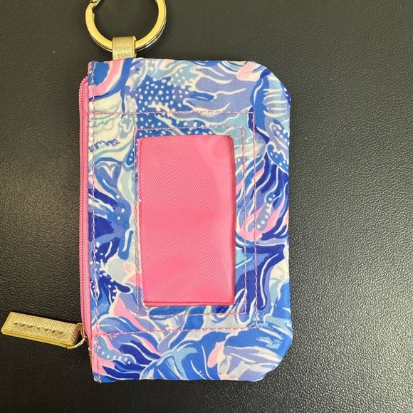 Lilly Pulitzer Shade Seekers ID Case Blue Pink Tropical Print Keychain - Picture 2 of 4